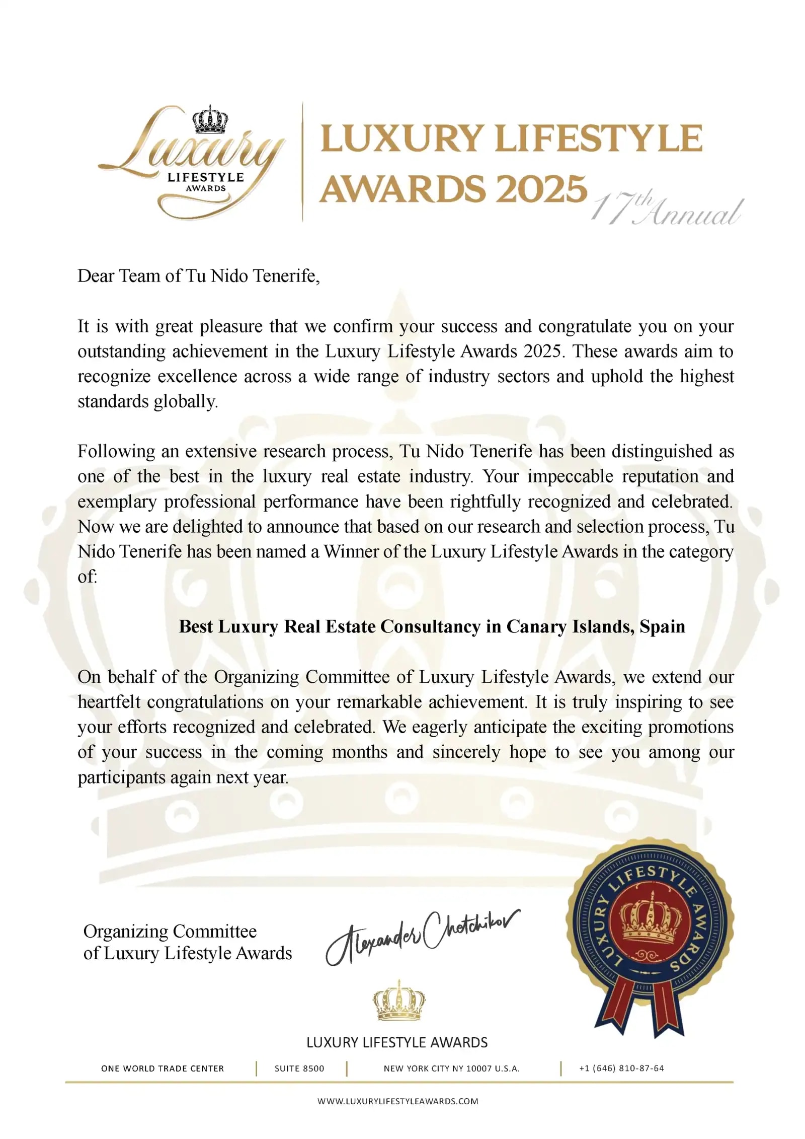 Certificado de los Luxury Lifestyle Awards 2025: Mejor Consultora Inmobiliaria de Lujo en Canarias